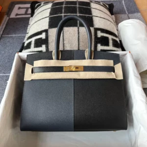 Handmade Hermes Noir / Blue India/ Blue Frida Epsom Birkin Sellier 30CM Silver Hardware