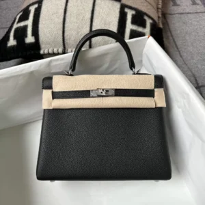Hermes Shop Togo Leather Kelly 25CM 89 Noir Silver Hardware