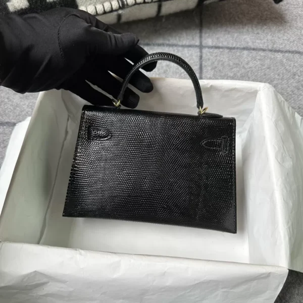 63ec90acbe0c537-jpg Full Handmade Hermes Lizard Leather Mini Kelly 19CM 89 Noir Gold Hardware