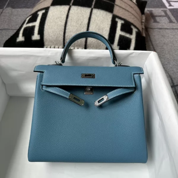 ab03fa2729b456d-jpg-1 Handmade Hermes 75 Blue Jean Togo Leather Kelly 25CM Silver Hardware