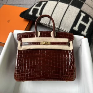 Handmade Hermes Shiny Niloticus Crocodile Miel Birkin 25CM Gold Hardware