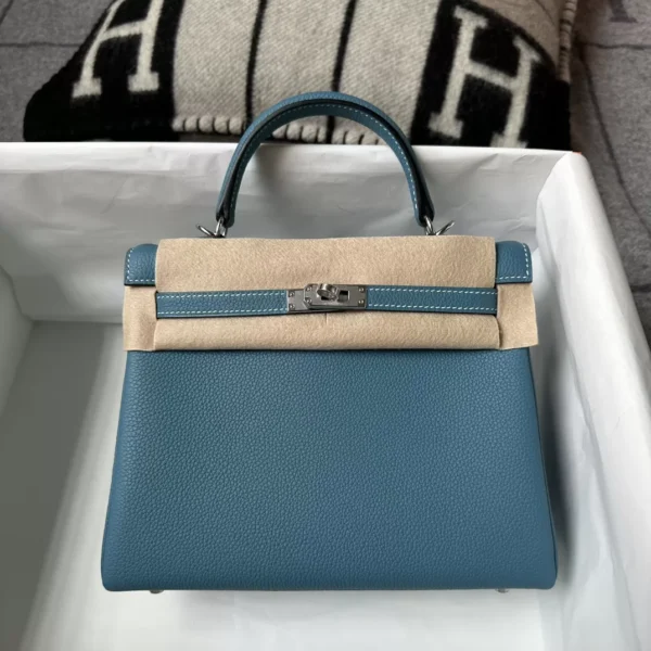 beaeb2c183564b6-jpg Handmade Hermes 75 Blue Jean Togo Leather Kelly 25CM Silver Hardware
