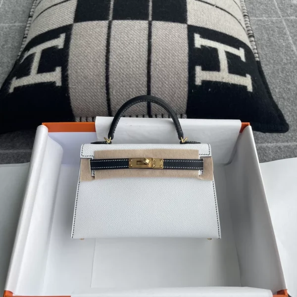 fb131e9b5d5c113-jpg Hermes White & Black Epsom Mini Kelly 19CM Brush Gold Hardware