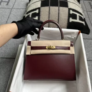 USA New York Hermes Box Leather Kelly Sellier 25CM 57 Bordeaux Gold Hardware