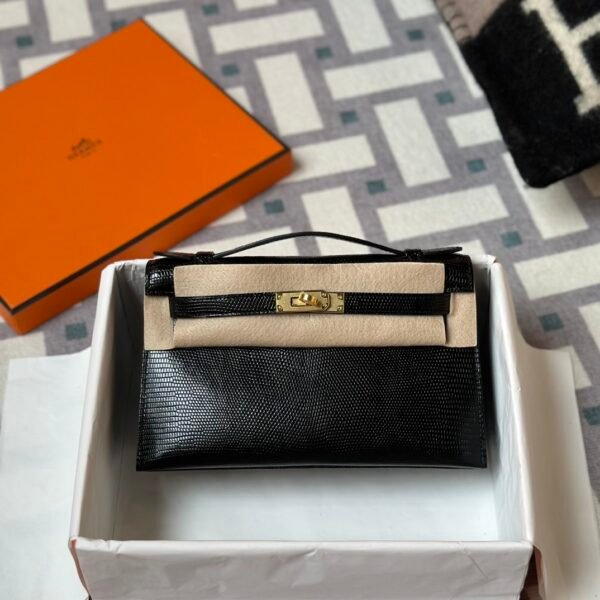 UAE Dubai Hermes Lizard Leather Kelly Pochette 22CM 89 Noir Gold Hardware