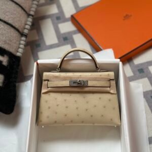 UAE Dubai Hermes Ostrich Leather Mini Kelly 19CM 3C Parchemin Silver Hardware