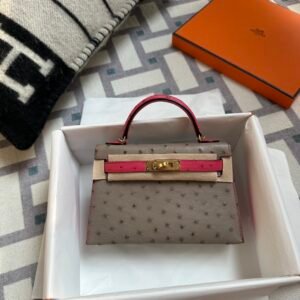 wsxc1715092395265_0 Special Order Hermes Ostrich Mini Kelly 19CM Gris Asphalt / Rose Tyrien Gold Hardware