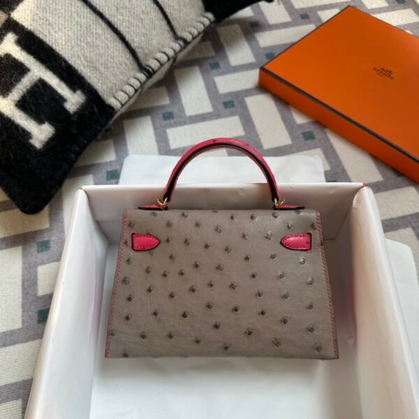 Special Order Hermes Ostrich Mini Kelly 19CM Gris Asphalt / Rose Tyrien Gold Hardware