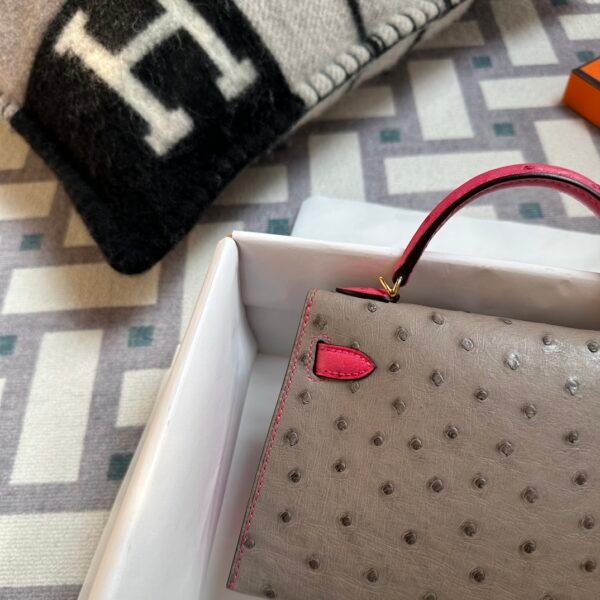 Special Order Hermes Ostrich Mini Kelly 19CM Gris Asphalt / Rose Tyrien Gold Hardware