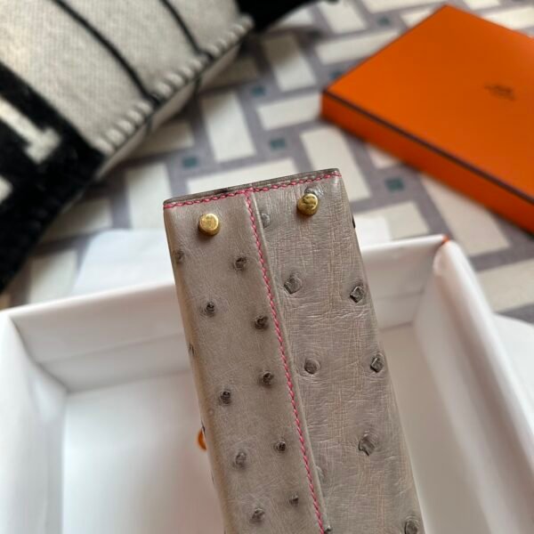 Special Order Hermes Ostrich Mini Kelly 19CM Gris Asphalt / Rose Tyrien Gold Hardware