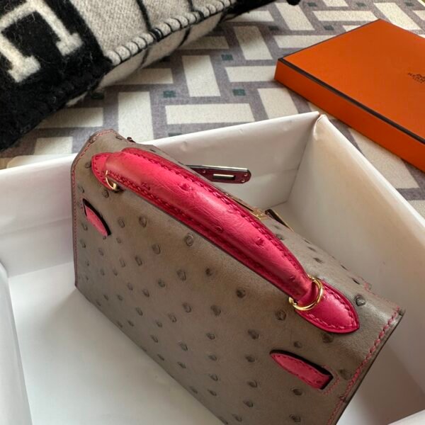 Special Order Hermes Ostrich Mini Kelly 19CM Gris Asphalt / Rose Tyrien Gold Hardware
