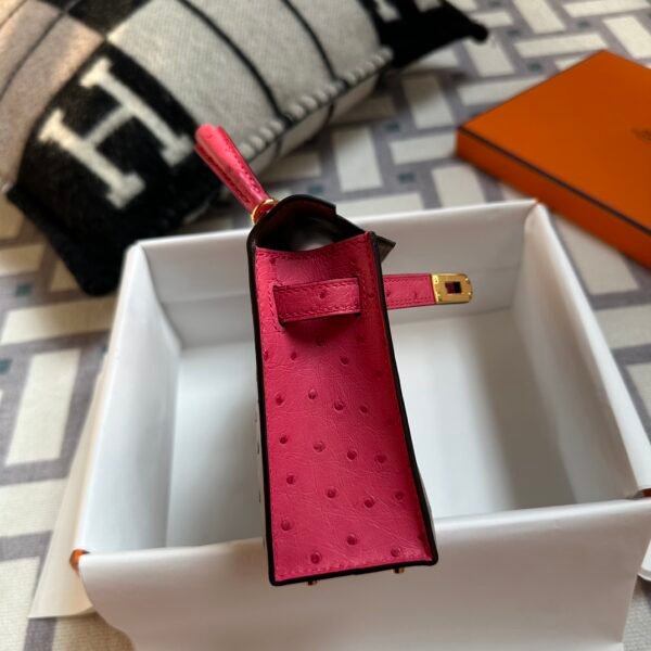 Special Order Hermes Ostrich Mini Kelly 19CM Gris Asphalt / Rose Tyrien Gold Hardware