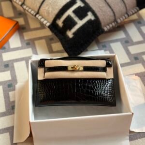 Hermes Bag Pictures Kelly Pochette 22cm 89 Black Shiny Alligator Crocodile Gold Hardware