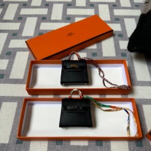 Hermes Kelly Twilly Bag Charms 89 Noir Tadelakt Leather Silver/Gold Hardware