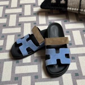 Hermes Shoes Images Chypre Sandals Suede Leather 2T Blue Paradise/ 18 Etoupe/ 89 Noir