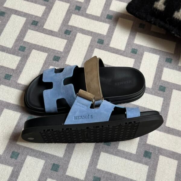Hermes Shoes Images Chypre Sandals Suede Leather 2T Blue Paradise/ 18 Etoupe/ 89 Noir