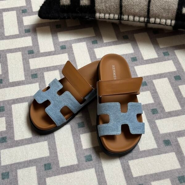 UAE Dubai Hermes Shoes Chypre Sandals Slippers Blue Jean & Gold Size34-41