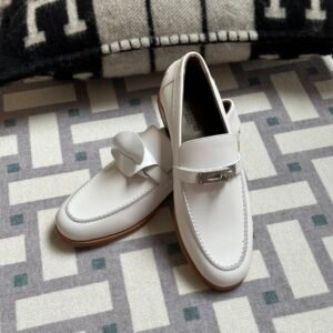 Hermes Destin Moccasins Calf Leather Loafer Shoes in White Silver Hardware