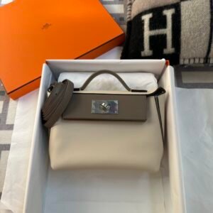 Hermes Kelly 2424 Mini Evercolor Craie / Swift Gris Asphalt Silver Hardware