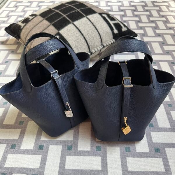 Hermes Bag Images Picotin 18CM 73 Blue Saphir Clemence Leather Gold Hardware