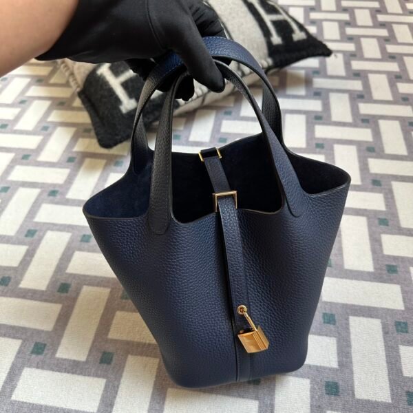 Hermes Bag Images Picotin 18CM 73 Blue Saphir Clemence Leather Gold Hardware