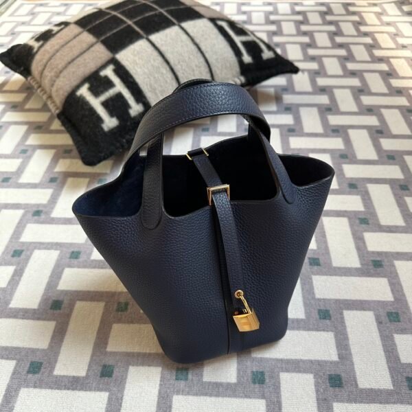 Hermes Bag Images Picotin 18CM 73 Blue Saphir Clemence Leather Gold Hardware