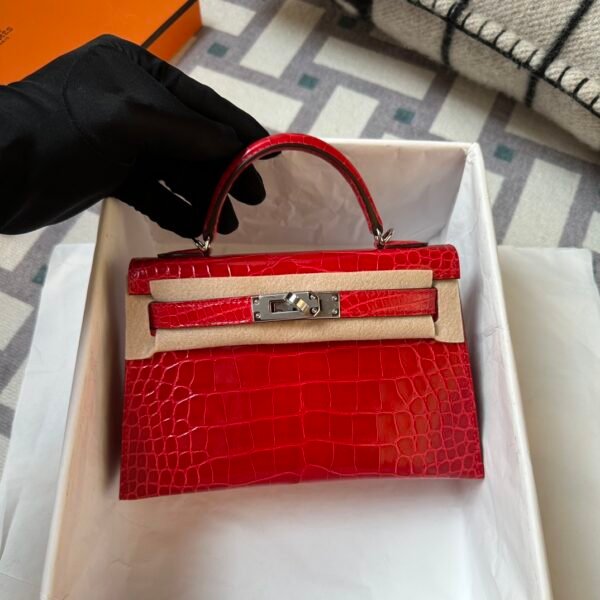 Full Handmade Hermes Mini Kelly 19CM Shiny Alligator Crocodile CK95 Braise Silver Hardware