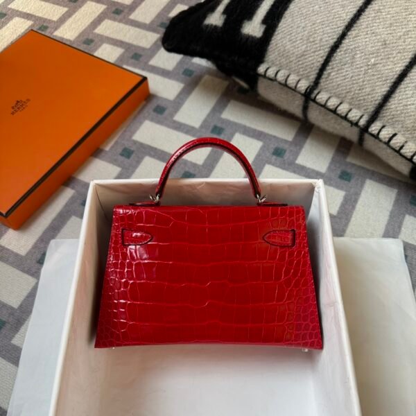 Full Handmade Hermes Mini Kelly 19CM Shiny Alligator Crocodile CK95 Braise Silver Hardware