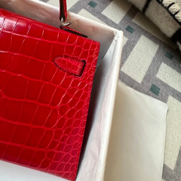 Full Handmade Hermes Mini Kelly 19CM Shiny Alligator Crocodile CK95 Braise Silver Hardware