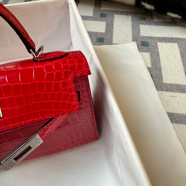 Full Handmade Hermes Mini Kelly 19CM Shiny Alligator Crocodile CK95 Braise Silver Hardware