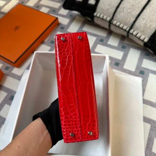 Full Handmade Hermes Mini Kelly 19CM Shiny Alligator Crocodile CK95 Braise Silver Hardware