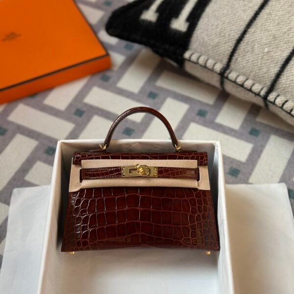 Australia Canberra Hermes Mini Kelly 19CM Shiny Alligator Crocodile 33 Miel Gold Hardware