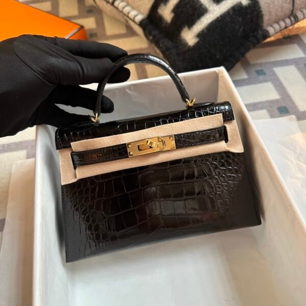 Hermes Bag Images 89 Noir Shiny Alligator Crocodile Mini Kelly 19CM Gold Hardware