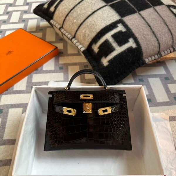 Hermes Bag Images 89 Noir Shiny Alligator Crocodile Mini Kelly 19CM Gold Hardware