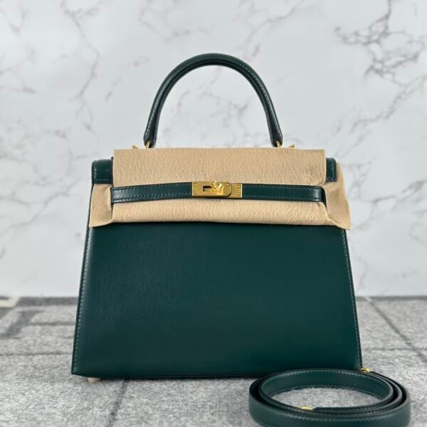 Full Handmade Hermes Kelly 25CM Sellier Box Leather CC67 Vert Fonce Gold Hardware