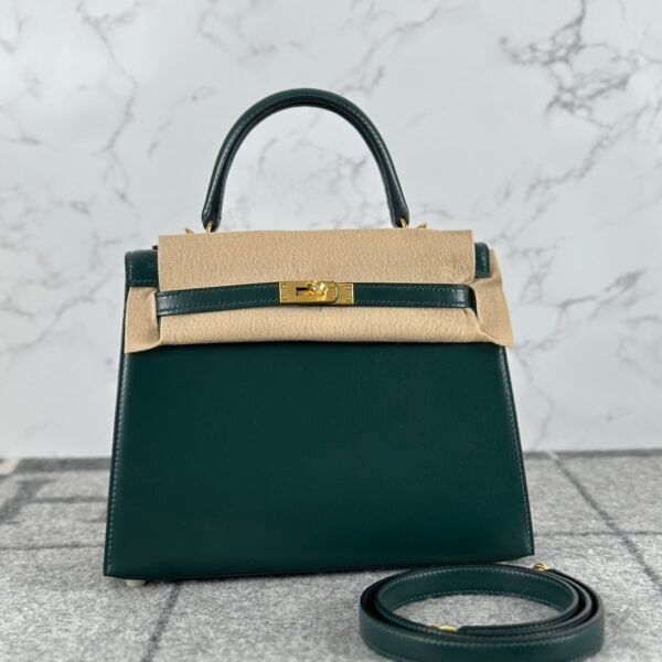 Full Handmade Hermes Kelly 25CM Sellier Box Leather CC67 Vert Fonce Gold Hardware