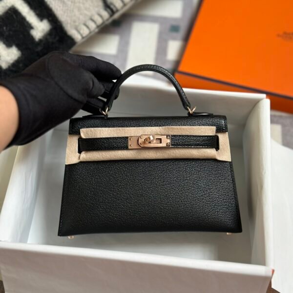 Hermes Mini Kelly 19CM CD89 Noir Chevre Leather Rose Gold Hardware