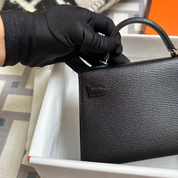 Hermes Mini Kelly 19CM CD89 Noir Chevre Leather Rose Gold Hardware