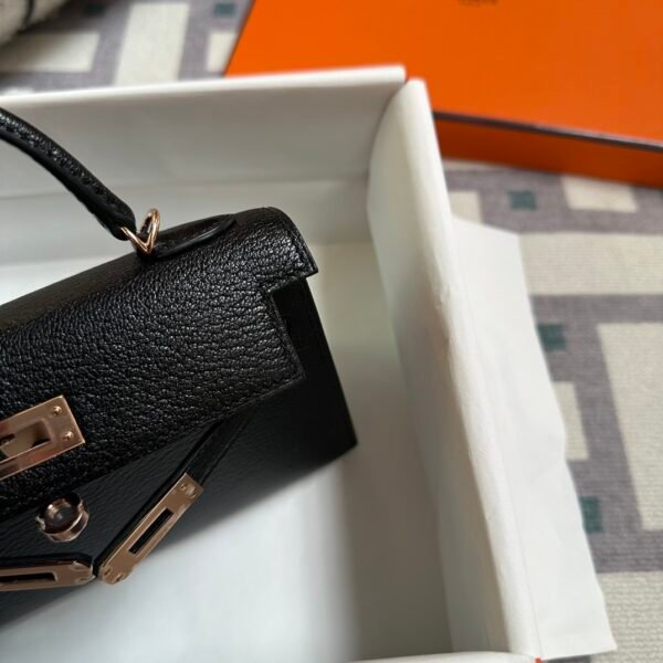 Hermes Mini Kelly 19CM CD89 Noir Chevre Leather Rose Gold Hardware