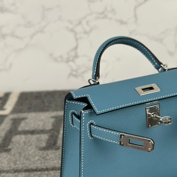 UAE Dubai Hermes Epsom Leather Mini Kelly 19CM CK75 Blue Jean Silver Hardware
