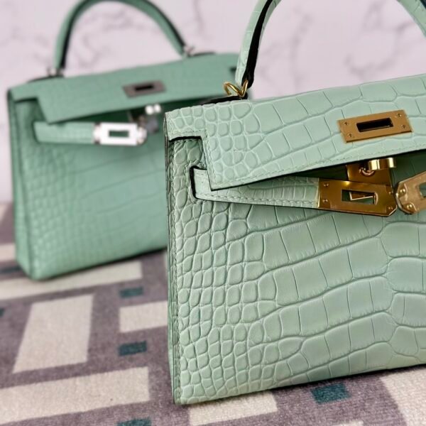 Hermes Mini Kelly 19CM Matte Alligator Crocodile 6U Vert D’eau Gold Hardware