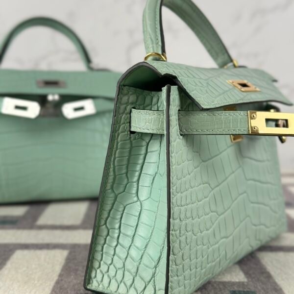 Hermes Mini Kelly 19CM Matte Alligator Crocodile 6U Vert D’eau Gold Hardware
