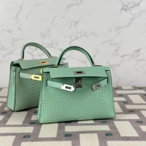 wsxc1722867899874_0 Hermes Matte Alligator Crocodile Mini Kelly 19CM 6U Vert D’eau Silver Hardware
