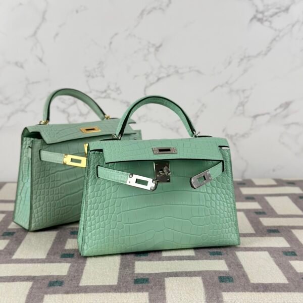 wsxc1722867899874_0 Hermes Matte Alligator Crocodile Mini Kelly 19CM 6U Vert D’eau Silver Hardware