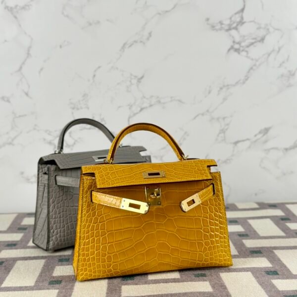 Australia Sydney Hermes Mini Kelly 19CM Shiny Alligator Crocodile 9D Jaune Amber Gold Hardware
