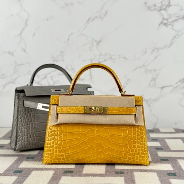 Australia Sydney Hermes Mini Kelly 19CM Shiny Alligator Crocodile 9D Jaune Amber Gold Hardware