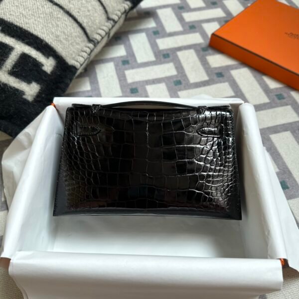 Hermes Bag Images Kelly Pochette 22CM Shiny Alligator Crocodile CC89 Noir Gold Hardware