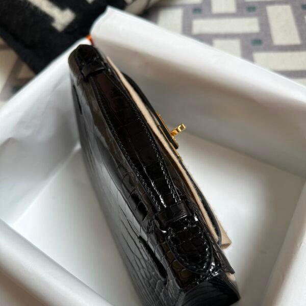 Hermes Bag Images Kelly Pochette 22CM Shiny Alligator Crocodile CC89 Noir Gold Hardware