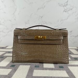 New Hermes Bag Kelly Pochette 22CM Shiny Alligator Crocodile CC18 Etoupe Gold Hardware
