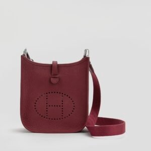 Full Handmade Hermes Mini Evelyne 18CM Clemence Leather CK55 Rouge H Silver Hardware